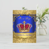 Royal Blue Damask Gold Crown Baby shower Boy 4 Kaart (Staand voorkant)