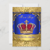 Royal Blue Damask Gold Crown Baby shower Boy 4 Kaart (Voorkant)