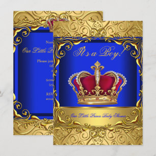 Royal Blue Damask Gold Crown Baby shower Boy 4 Kaart