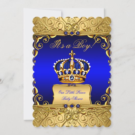 Royal Blue Damask Gold Crown Baby shower Boy b3 Kaart (Voorkant)
