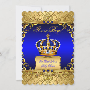 Royal Blue Damask Gold Crown Baby shower Boy b3 Kaart