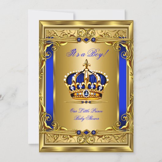 Royal Blue Damask Gold Crown Baby shower Boy bg5 Kaart (Voorkant)