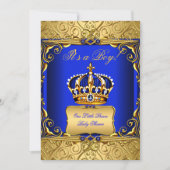 Royal Blue Damask Gold Crown Baby shower Boy bs2 Kaart (Voorkant)