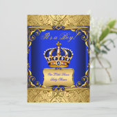 Royal Blue Damask Gold Crown Baby shower Boy bs2 Kaart (Staand voorkant)