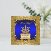 Royal Blue Damask Gold Crown Baby shower Boy bs4 Kaart (Staand voorkant)