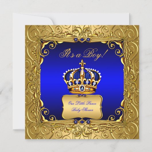 Royal Blue Damask Gold Crown Baby shower Boy bs4 Kaart (Voorkant)