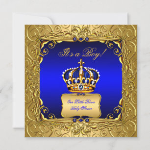 Royal Blue Damask Gold Crown Baby shower Boy bs4 Kaart