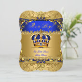 Royal Blue Damask Gold Crown Baby shower Boy bs5 Kaart (Staand voorkant)
