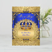 Royal Blue Damask Gold Crown Baby shower Boy bs6 Kaart (Staand voorkant)