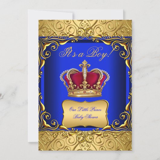 Royal Blue Damask Gold Crown Baby shower Boy bs Kaart (Voorkant)