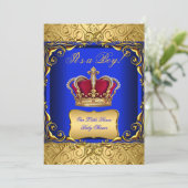 Royal Blue Damask Gold Crown Baby shower Boy bs Kaart (Staand voorkant)