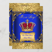 Royal Blue Damask Gold Crown Baby shower Boy bs Kaart (Voorkant / Achterkant)
