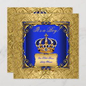 Royal Blue Damask Gold Crown Baby shower Boy bsc Kaart (Voorkant / Achterkant)