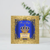 Royal Blue Damask Gold Crown Baby shower Boy bsc Kaart (Staand voorkant)
