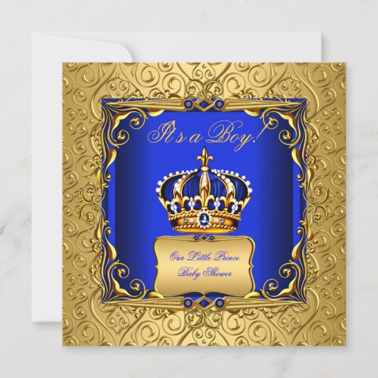 Royal Blue Damask Gold Crown Baby shower Boy bsc Kaart (Voorkant)