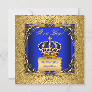 Royal Blue Damask Gold Crown Baby shower Boy bsc Kaart
