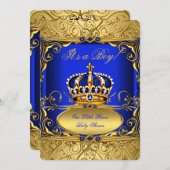 Royal Blue Damask Gold Crown Baby shower Boy RB2 Kaart (Voorkant / Achterkant)