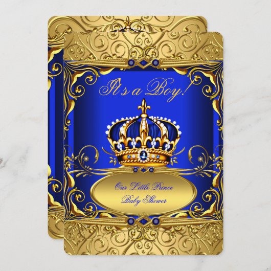 Royal Blue Damask Gold Crown Baby shower Boy RB2 Kaart (Voorkant / Achterkant)