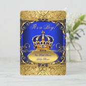 Royal Blue Damask Gold Crown Baby shower Boy RB2 Kaart (Staand voorkant)