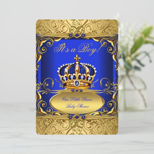 Royal Blue Damask Gold Crown Baby shower Boy RB2 Kaart (Staand voorkant)