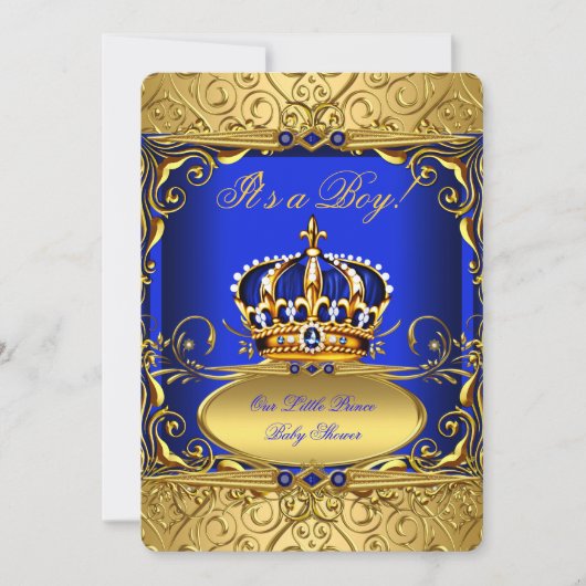 Royal Blue Damask Gold Crown Baby shower Boy RB2 Kaart (Voorkant)