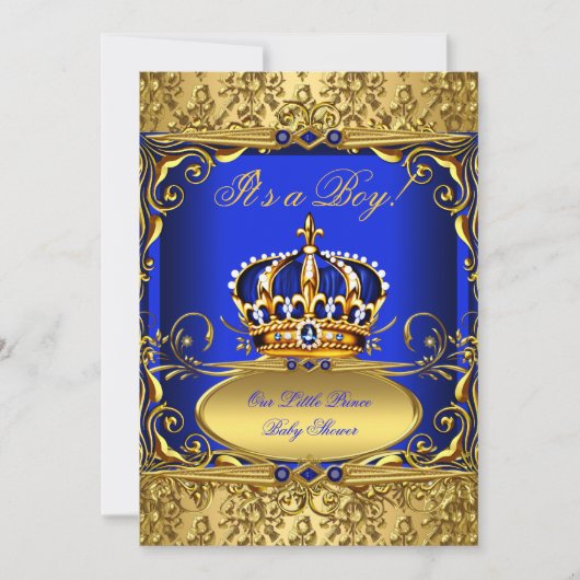 Royal Blue Damask Gold Crown Baby shower Boy RB3 Kaart (Voorkant)