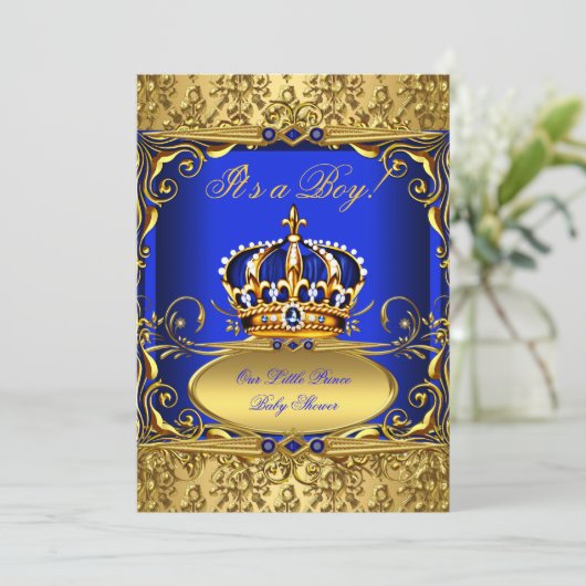 Royal Blue Damask Gold Crown Baby shower Boy RB3 Kaart (Staand voorkant)