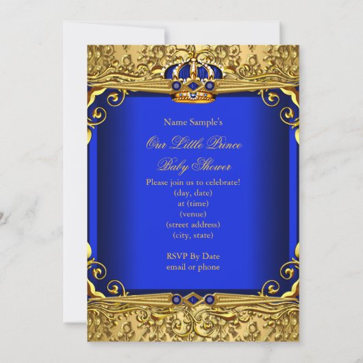 Royal Blue Damask Gold Crown Baby shower Boy RB3 Kaart (Achterkant)