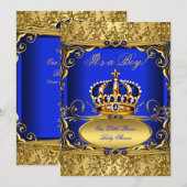 Royal Blue Damask Gold Crown Baby shower Boy RB3 Kaart (Voorkant / Achterkant)