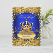 Royal Blue Damask Gold Crown Baby shower Boy RB3 Kaart (Staand voorkant)