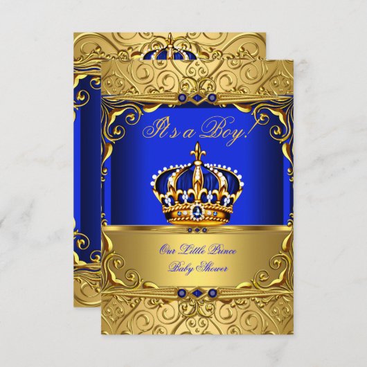 Royal Blue Damask Gold Crown Baby shower Boy SMALL Kaart (Voorkant / Achterkant)