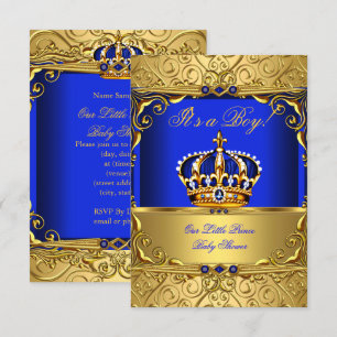 Royal Blue Damask Gold Crown Baby shower Boy SMALL Kaart