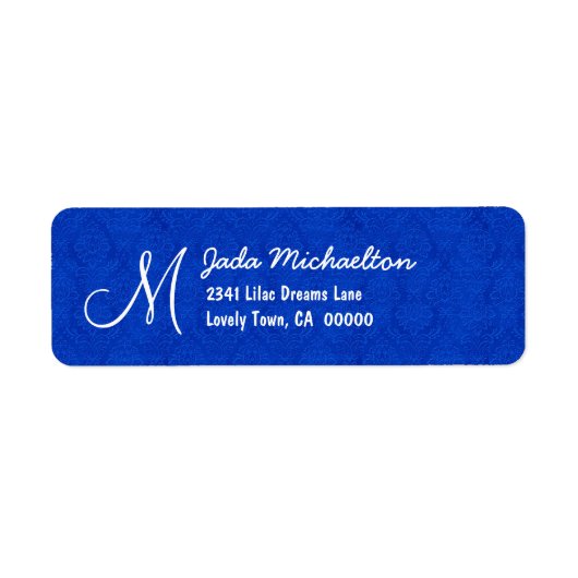 Royal Blue Damask Monogram M of elke Initiaal M010 Etiket (Voorkant)