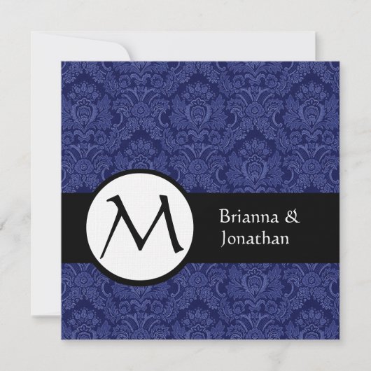Royal Blue Damask Monogram Wedding Invitation Kaart (Voorkant)