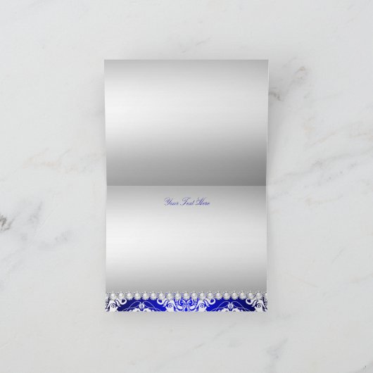 Royal Blue Damask & Pearl Bow bedankkaart (Binnen)