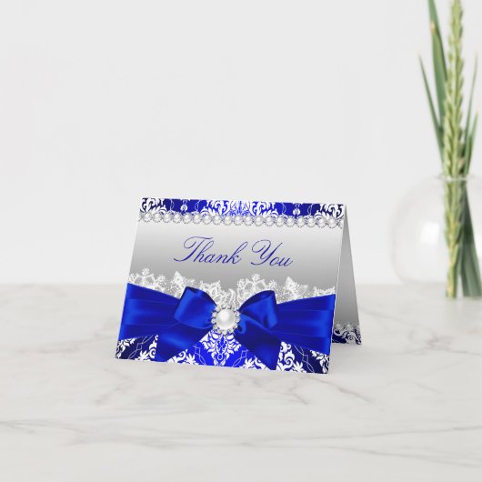 Royal Blue Damask & Pearl Bow bedankkaart (Voorkant)