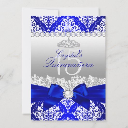 Royal Blue Damask Pearl Bow Quinceanera Invite Kaart (Voorkant)