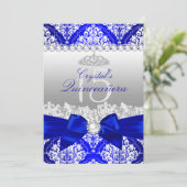 Royal Blue Damask Pearl Bow Quinceanera Invite Kaart (Staand voorkant)