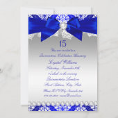 Royal Blue Damask Pearl Bow Quinceanera Invite Kaart (Achterkant)