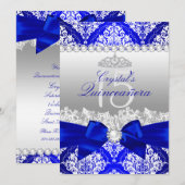 Royal Blue Damask Pearl Bow Quinceanera Invite Kaart (Voorkant / Achterkant)