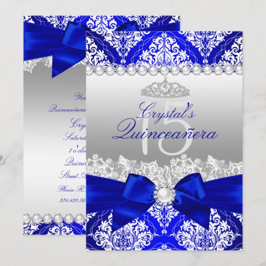 Royal Blue Damask Pearl Bow Quinceanera Invite Kaart (Voorkant / Achterkant)