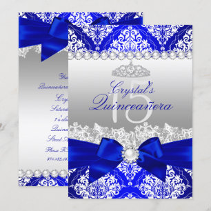 Royal Blue Damask Pearl Bow Quinceanera Invite Kaart