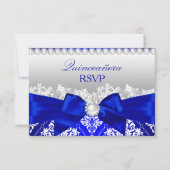 Royal Blue Damask & Pearl Bow Quinceanera RSVP (Voorkant)