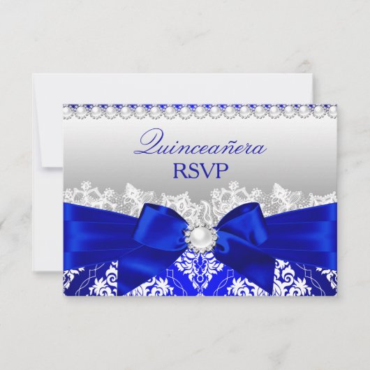 Royal Blue Damask & Pearl Bow Quinceanera RSVP (Voorkant)