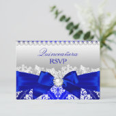 Royal Blue Damask & Pearl Bow Quinceanera RSVP (Staand voorkant)