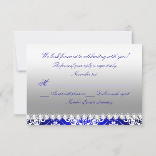 Royal Blue Damask & Pearl Bow Quinceanera RSVP (Achterkant)