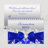 Royal Blue Damask & Pearl Bow Quinceanera RSVP (Voorkant / Achterkant)