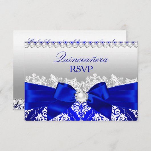 Royal Blue Damask & Pearl Bow Quinceanera RSVP (Voorkant / Achterkant)