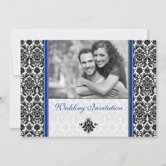 Royal Blue Damask Photo Wedding Invitation Kaart (Voorkant)