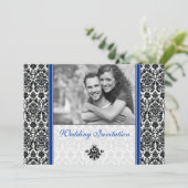 Royal Blue Damask Photo Wedding Invitation Kaart (Staand voorkant)